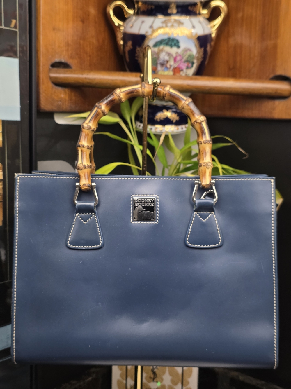 Dooney & Bourke Navy Bamboo-Handle Leather Tote